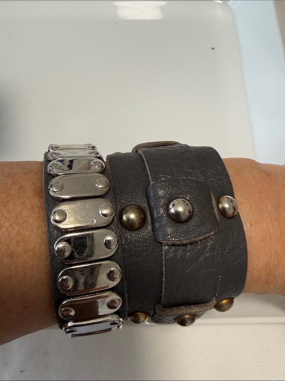 Set of 2-Studded Gray Leather Cuff Bracelets with Silver & brass  Hardware - Picture 2 of 4
